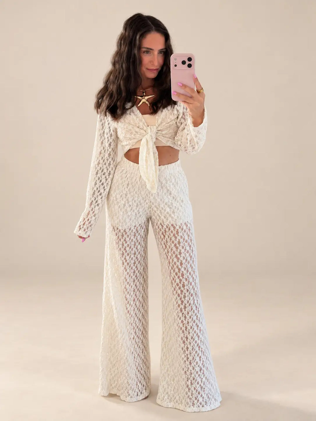 Women’s lace long sleeve top in Cream with matching lace trousers | Lisa’s Boutique