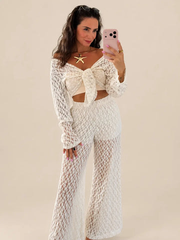 Women’s lace trousers in Cream, fabric detail | Lisa’s Boutique