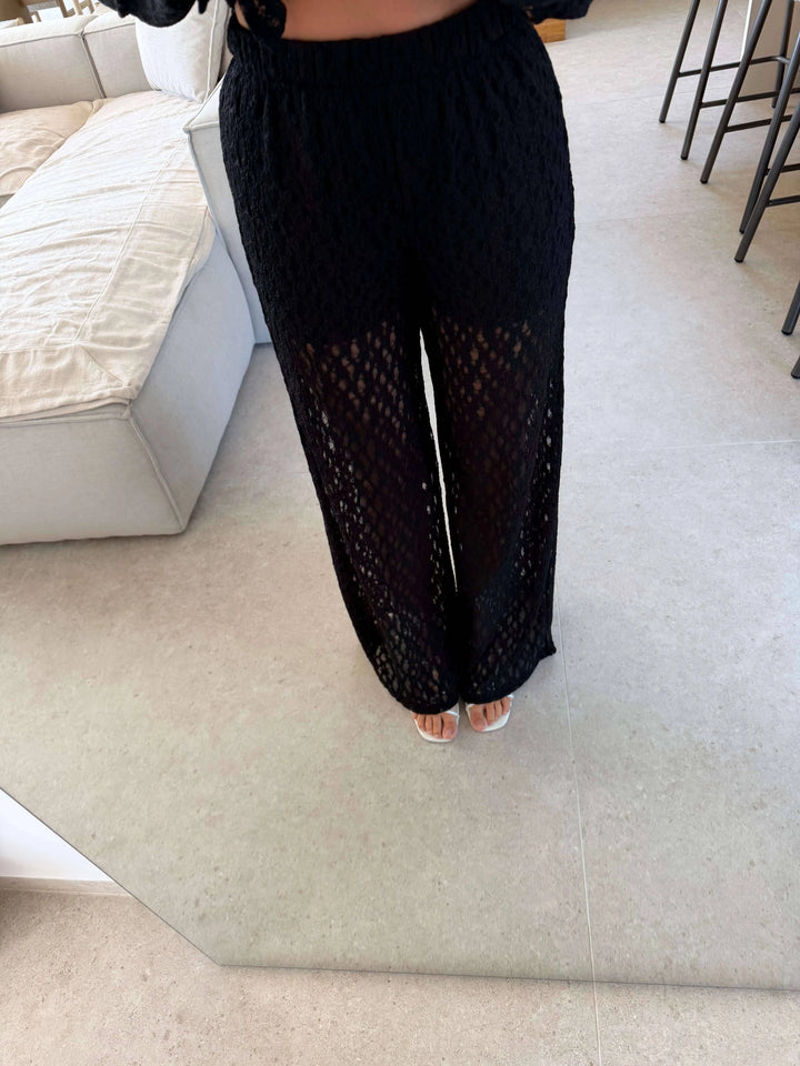 Lace Trousers – Black – close-up on a model | Lisa’s Boutique