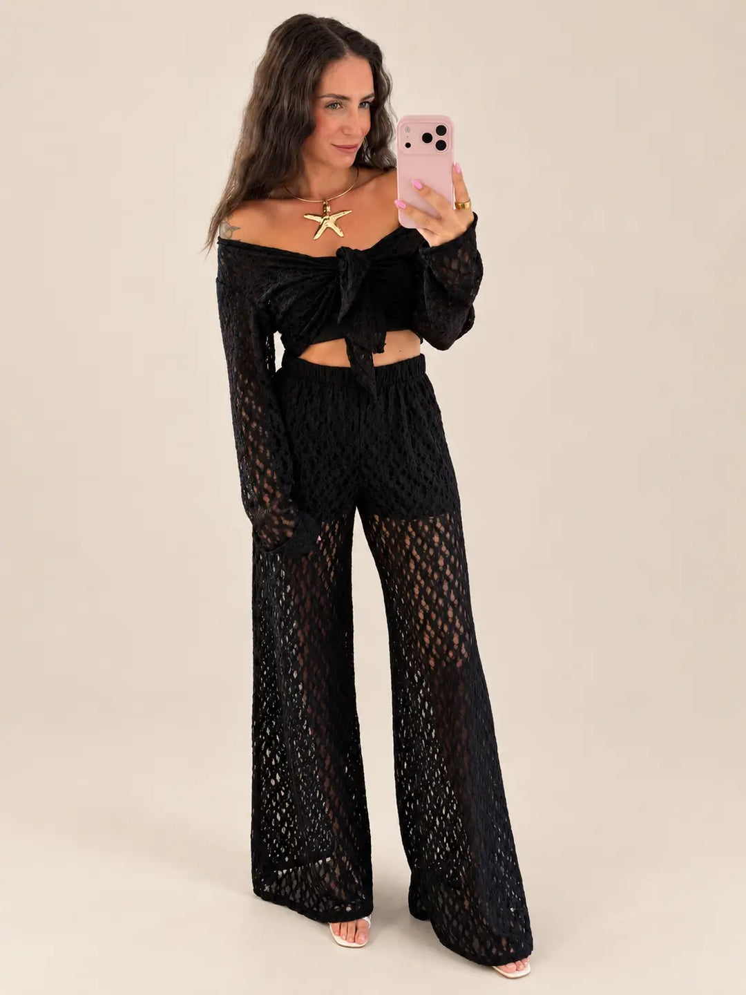 Spitzen Outfit Damen in Schwarz mit Langarmshirt und Hose | Lisa’s Boutique