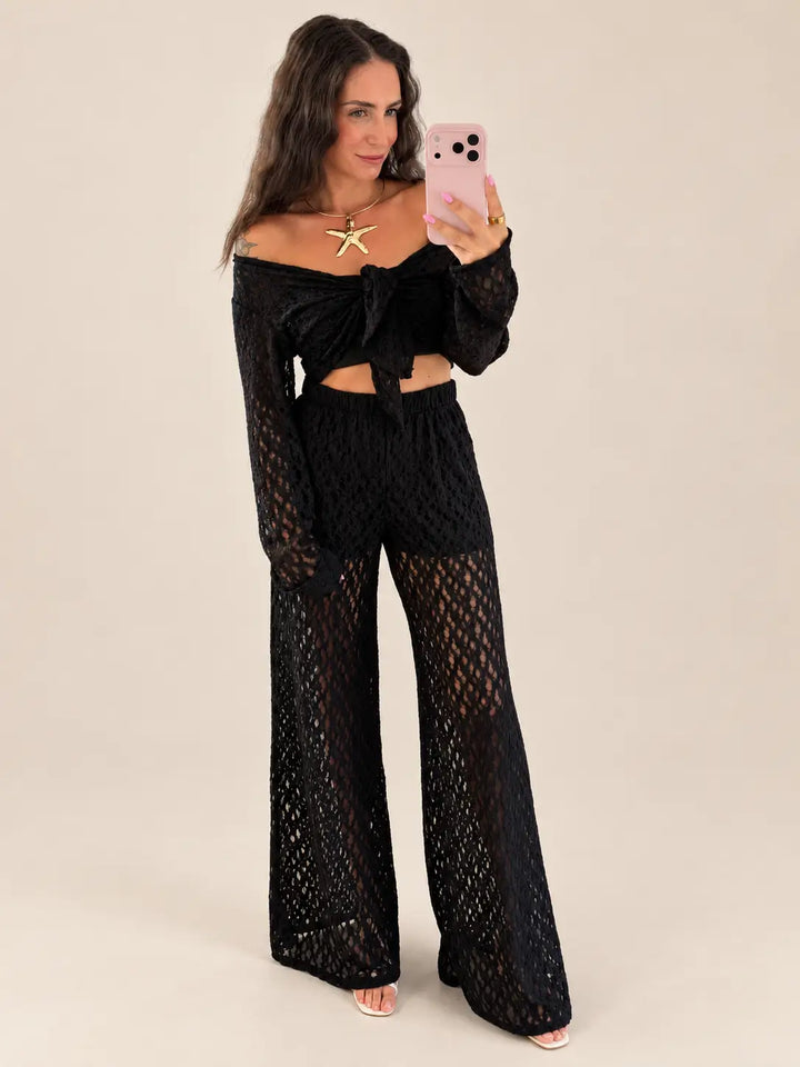 Women’s lace outfit in Black with a long sleeve top and trousers | Lisa’s Boutique