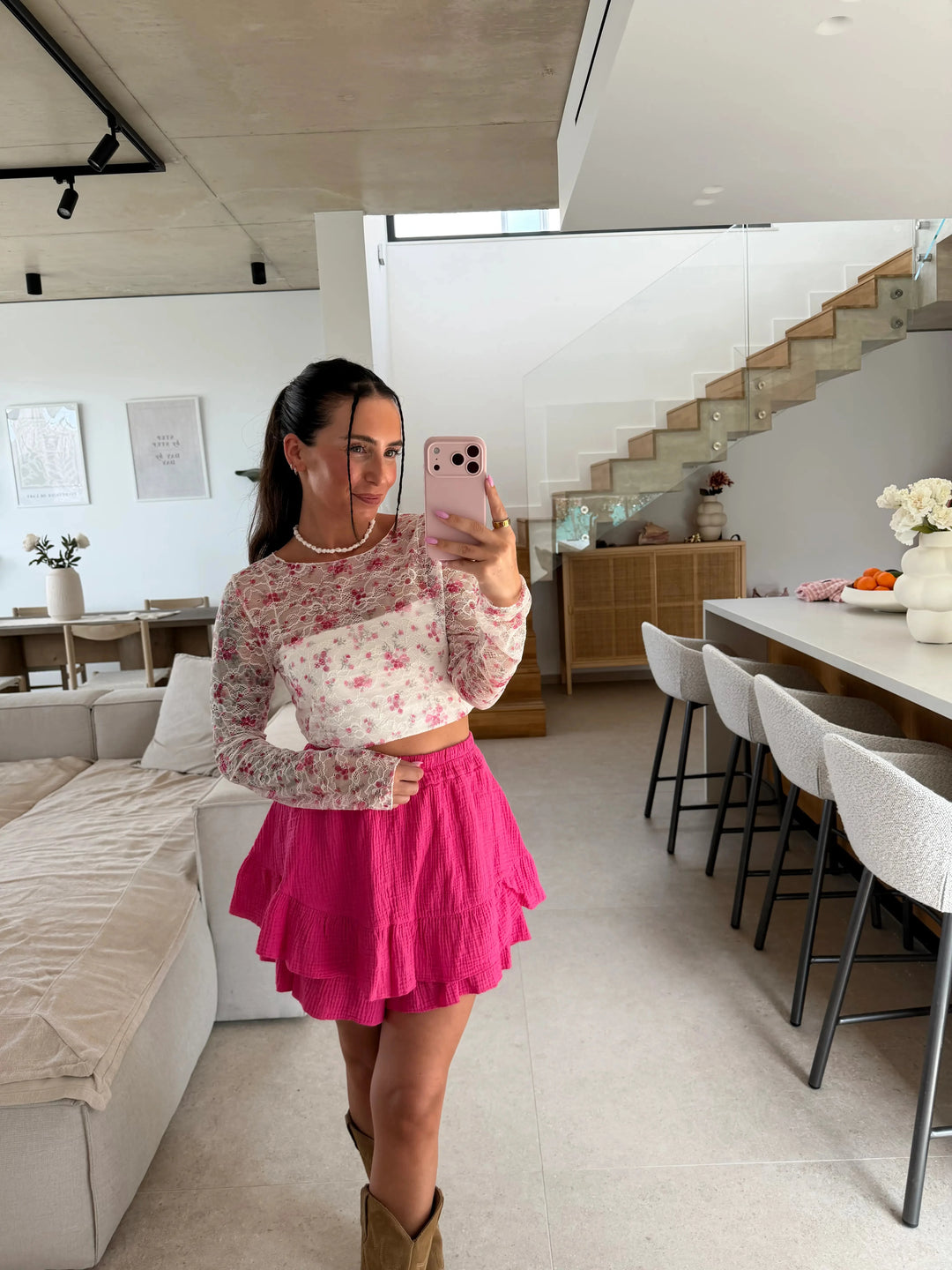 Spitzen Langarmshirt Blumenmuster - Weiß Langarm Lisas Boutique 