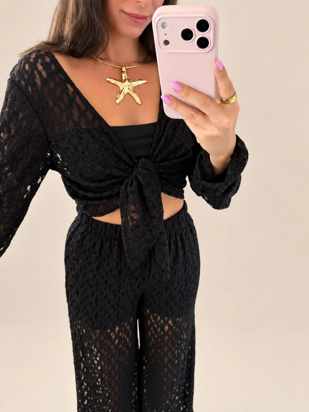 Spitzen Langarmshirt Damen in Schwarz mit Knoten | Lisa’s Boutique