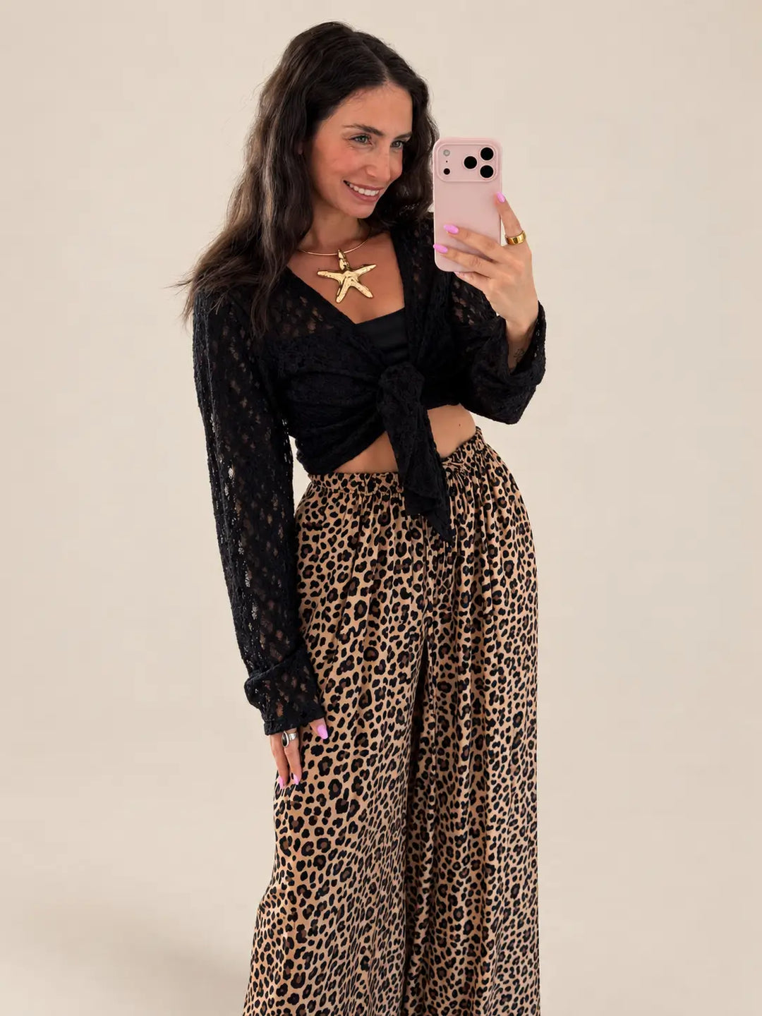 Women’s lace long sleeve top in Black with a knot detail, second view | Lisa’s Boutique