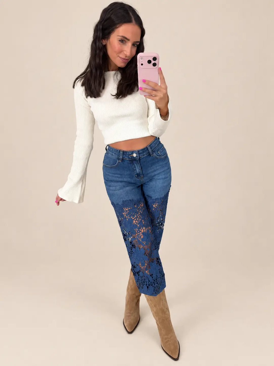 Women’s straight jeans in Blue with lace details | Lisa’s Boutique