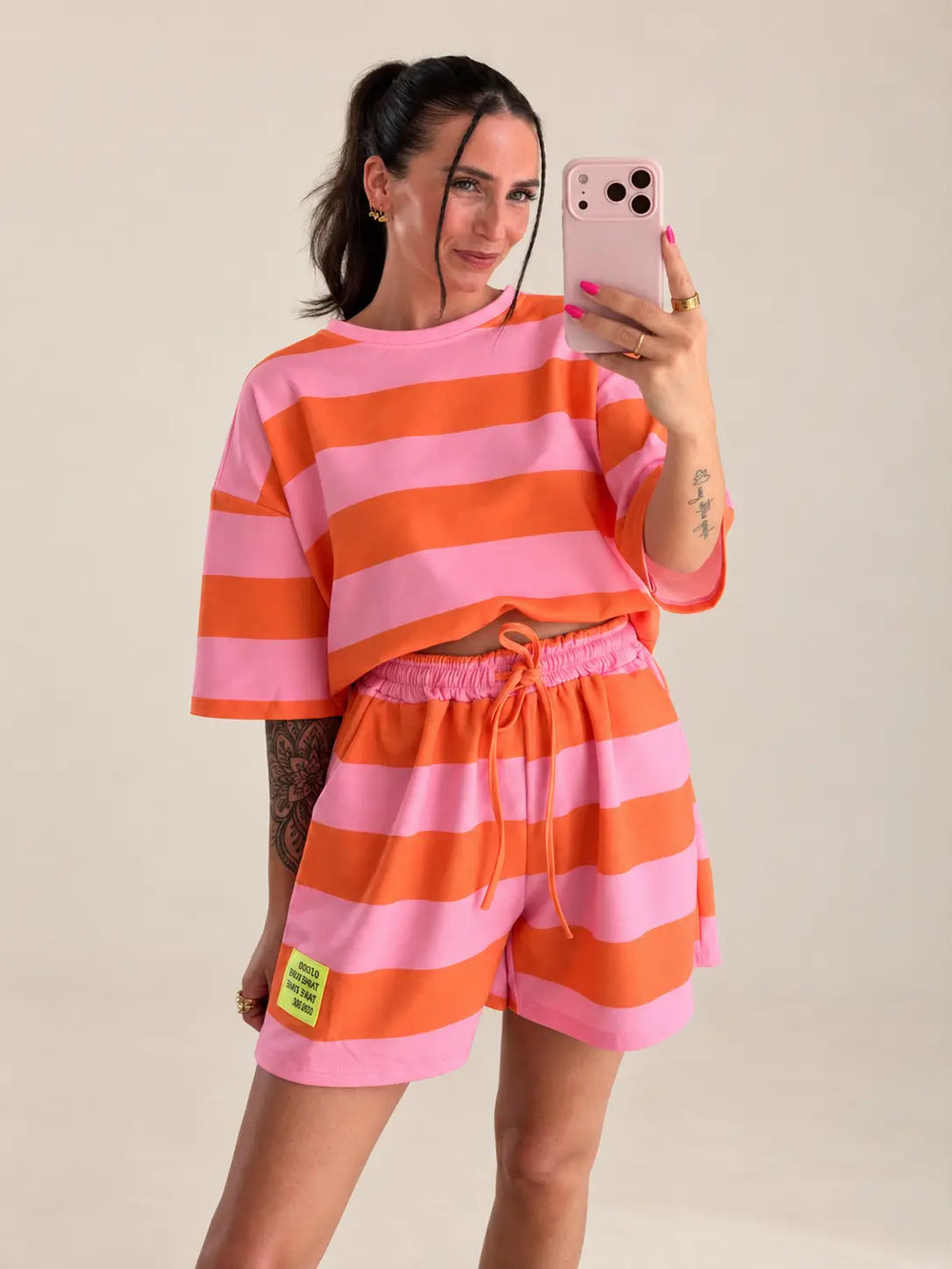 Women’s striped T-Shirt in Rose and Orange, Detail view | Lisa’s Boutique