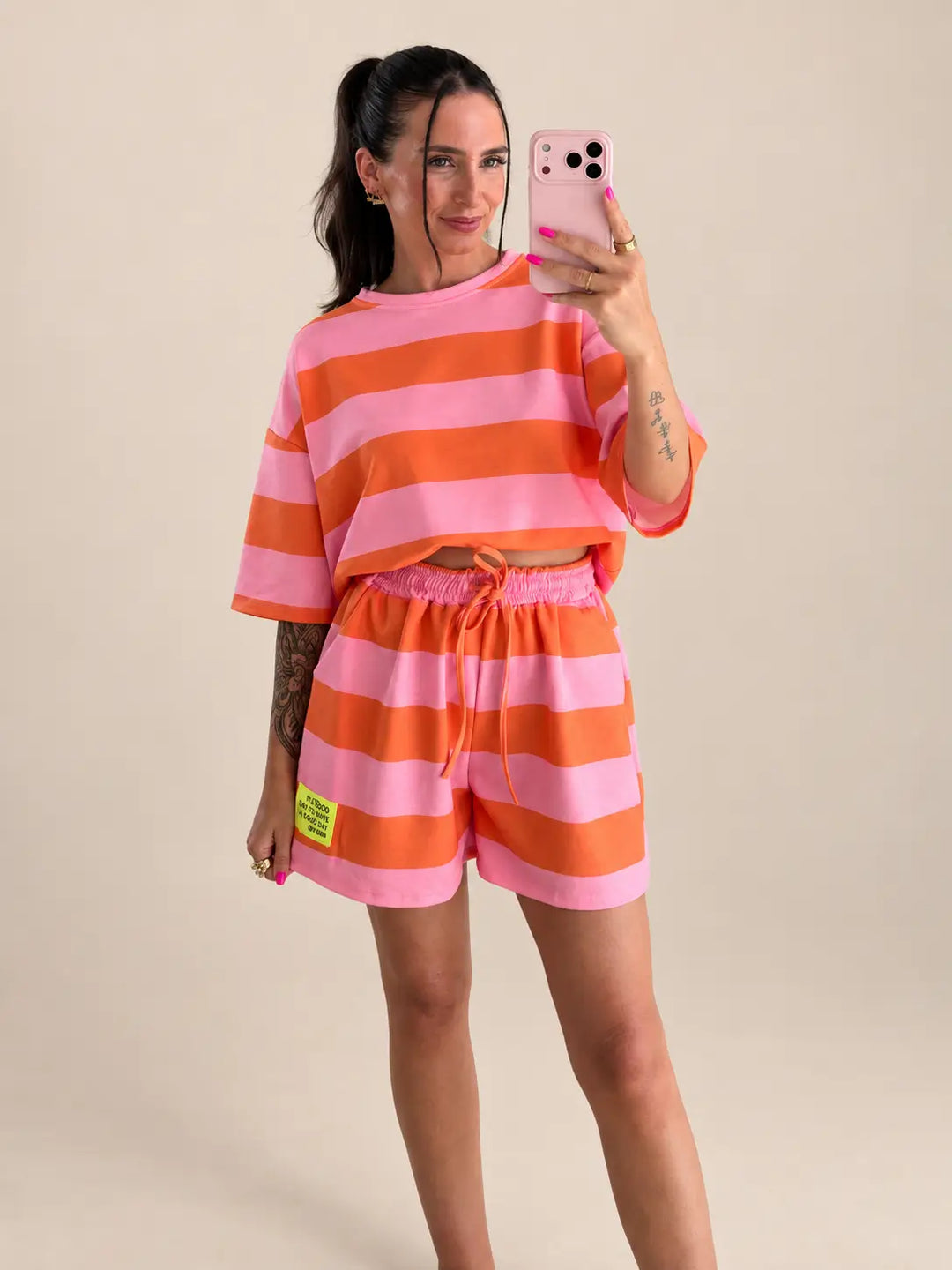 Women’s striped T-Shirt in Rose and Orange, Front view | Lisa’s Boutique