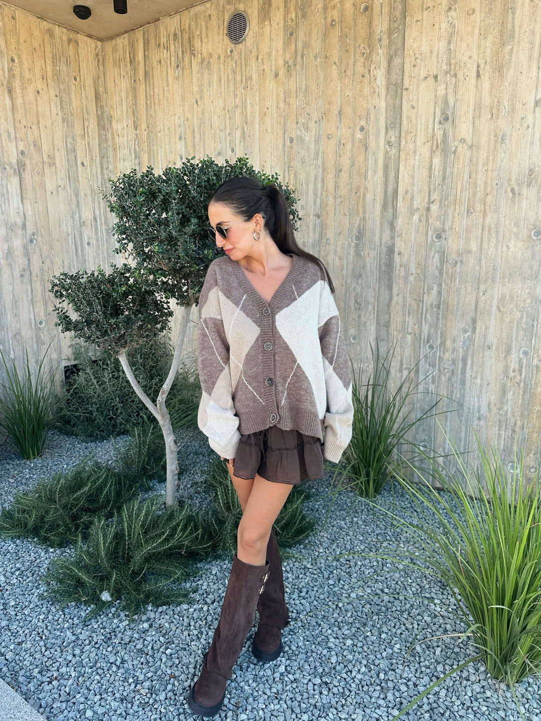 Strickcardigan mit Karo-Muster – Beige/ Braun Pullover Lisas Boutique 