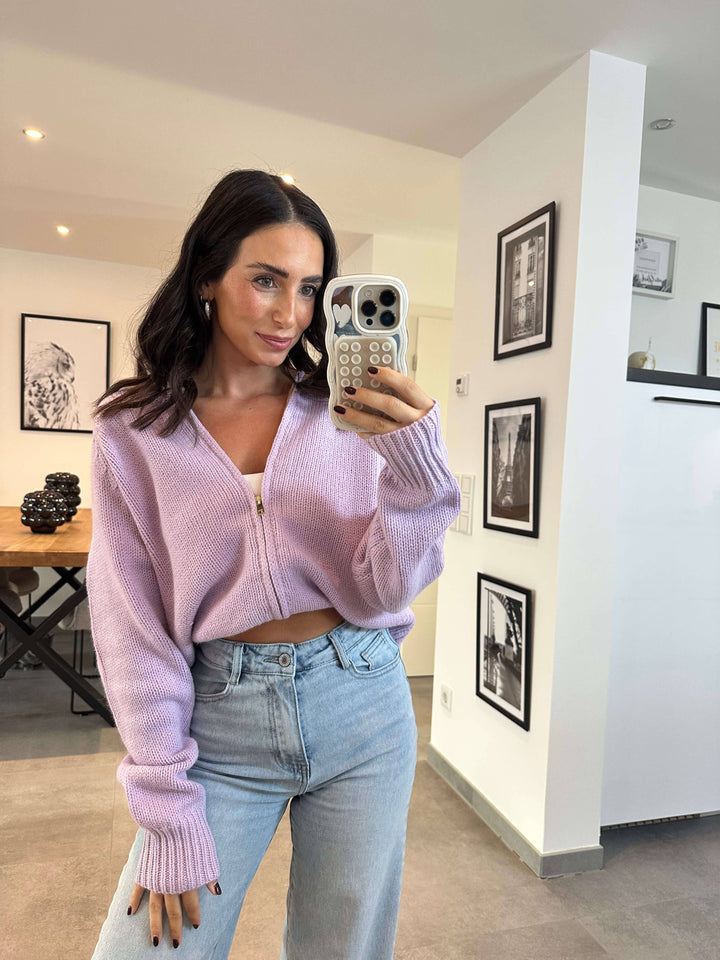 Strickjacke mit Reißverschluss Flieder Strickjacke Lisas Boutique 