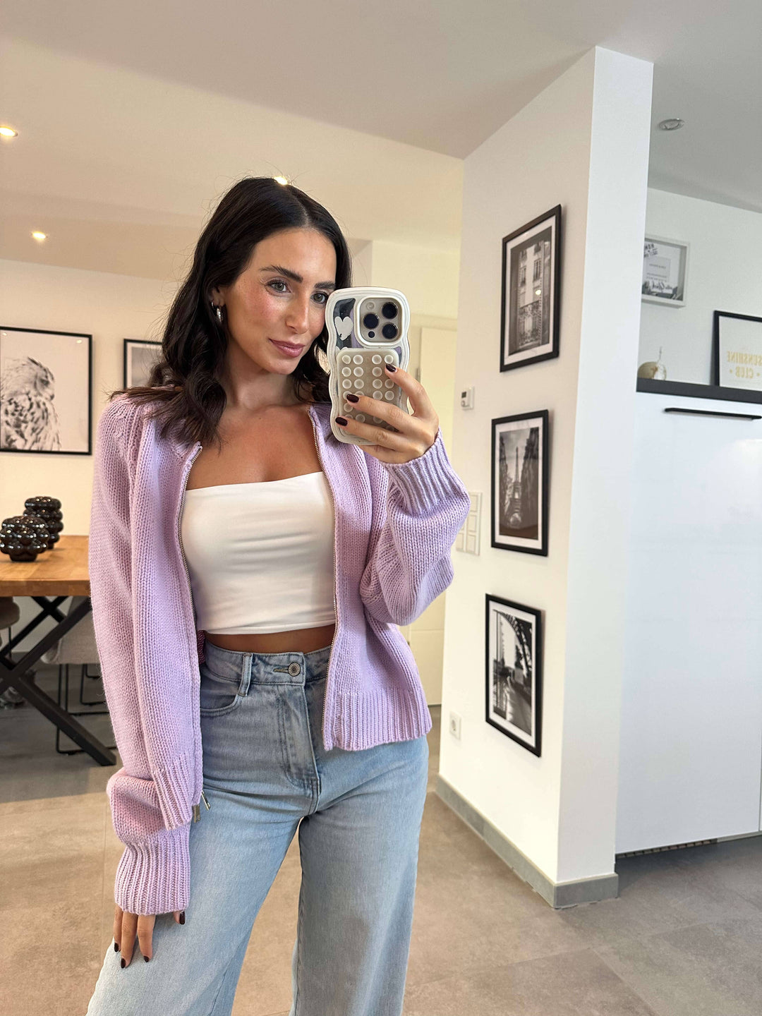 Strickjacke mit Reißverschluss Flieder Strickjacke Lisas Boutique 