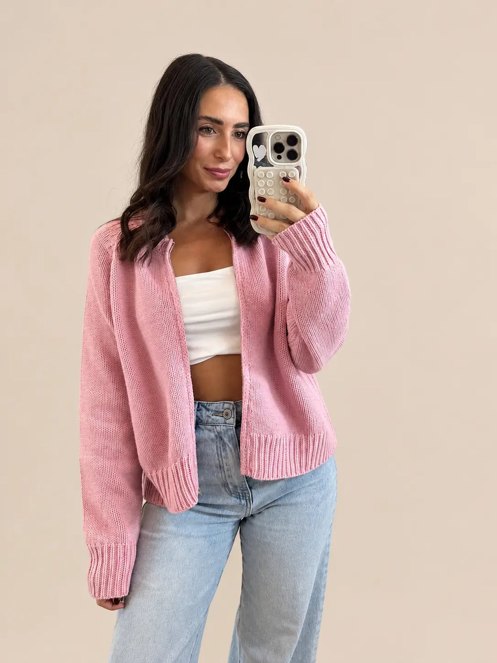 Vooraanzicht van roze gebreide vest | Lisa’s Boutique