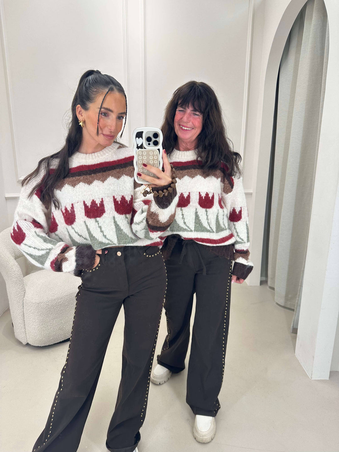 Strickpullover mit Blumenmuster in Creme-Braun Pullover Lisas Boutique 