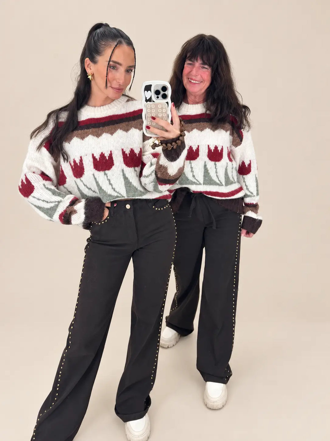 Women’s knit sweater in Cream and Brown with a floral pattern | Lisa’s Boutique