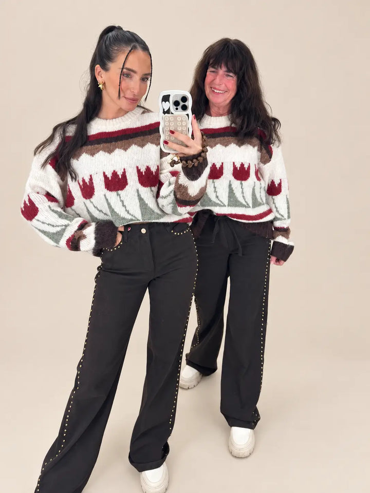 Strickpullover Damen in Creme und Braun mit Blumenmuster | Lisa’s Boutique