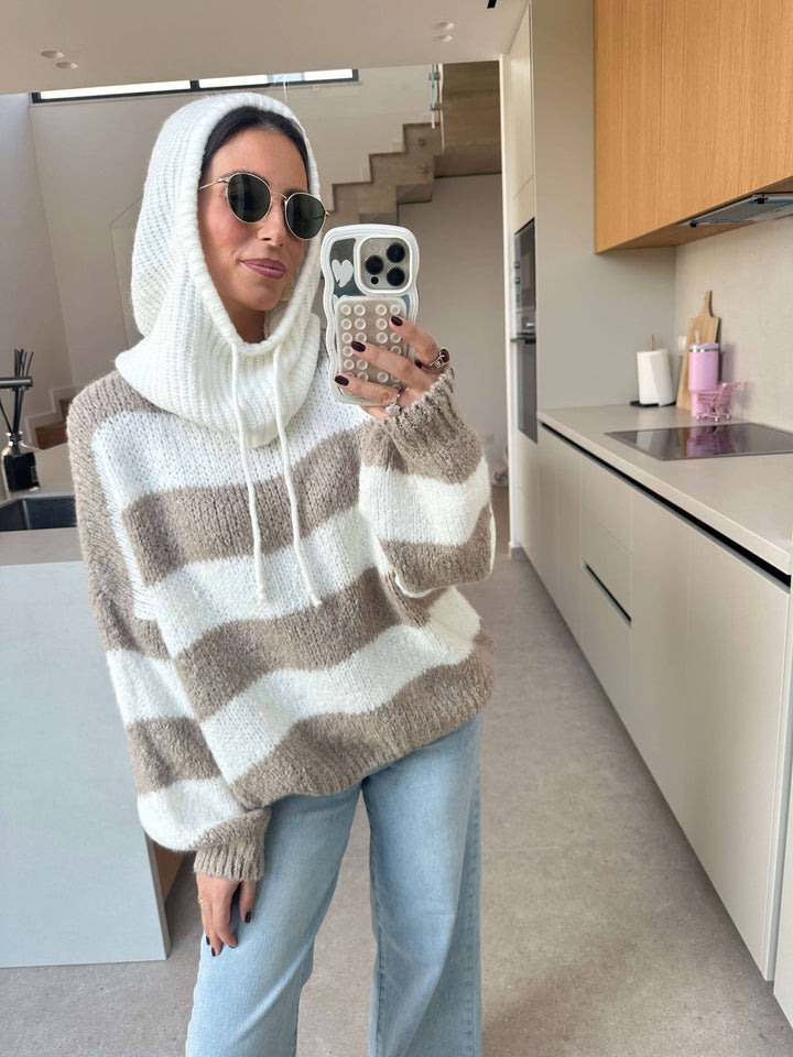 Strickpullover mit Kapuze Beige/ Creme Pullover Lisas Boutique 
