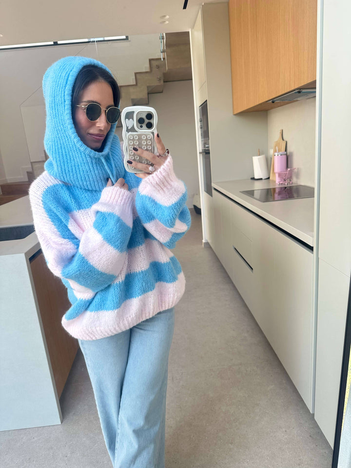 Strickpullover mit Kapuze Blau/ Rosa Pullover Lisas Boutique 