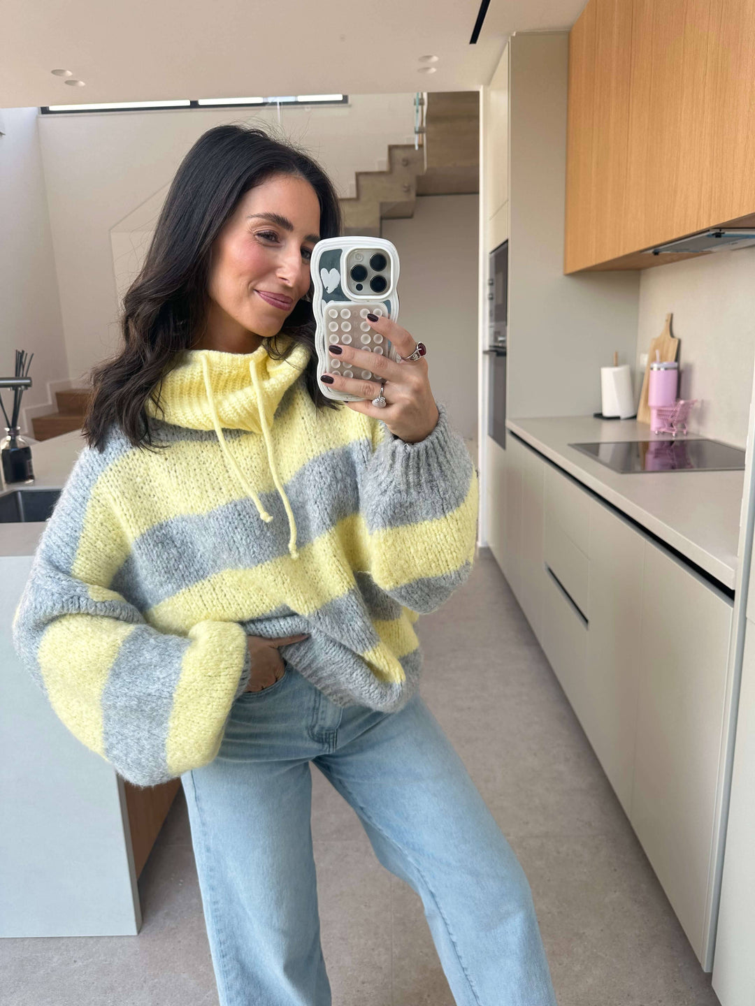 Strickpullover mit Kapuze Gelb/ Grau Pullover Lisas Boutique 