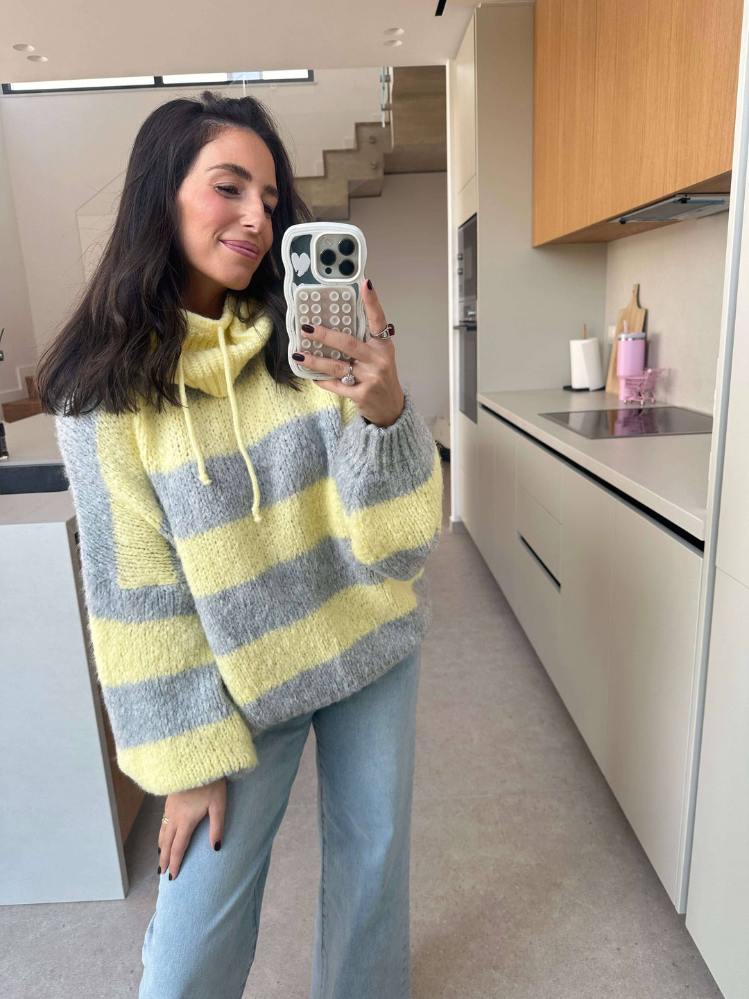 Strickpullover mit Kapuze Gelb/ Grau Pullover Lisas Boutique 