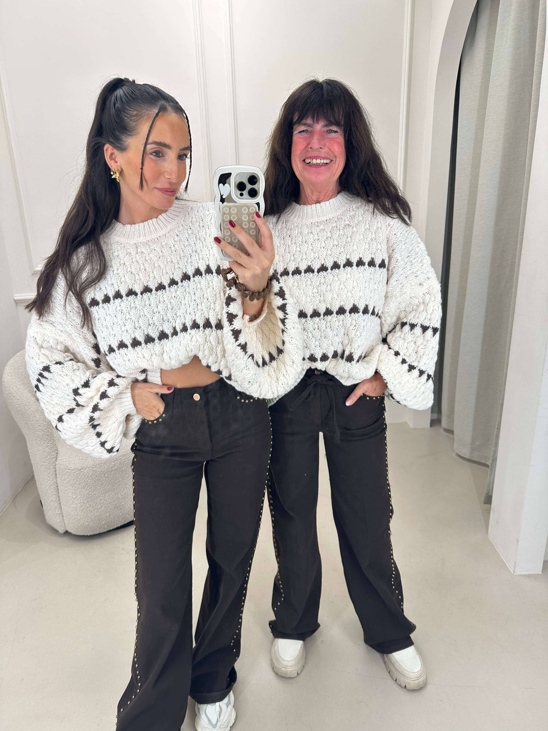 Strickpullover mit Muster in Weiß-Braun Pullover Lisas Boutique 