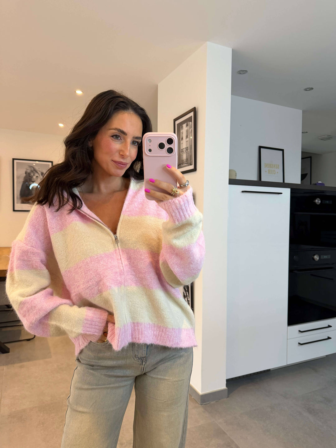 Strickpullover mit Reißverschluss – Rosa/Creme Pullover Lisas Boutique 