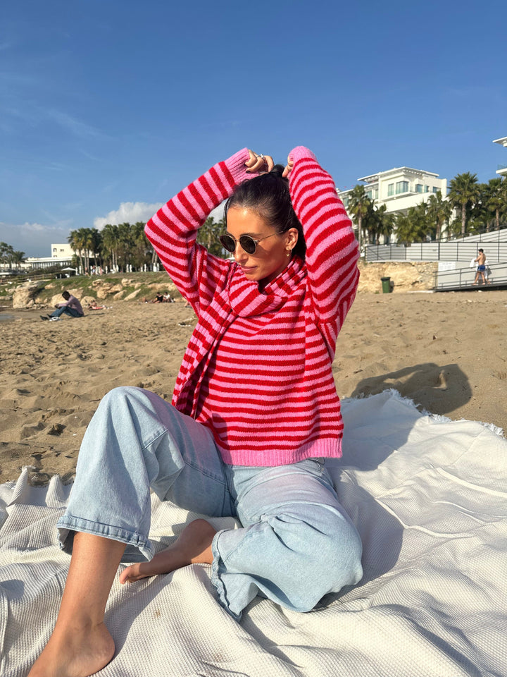 Strickpullover mit Schal Set Rosa/Rot Strickjacke Lisas Boutique 