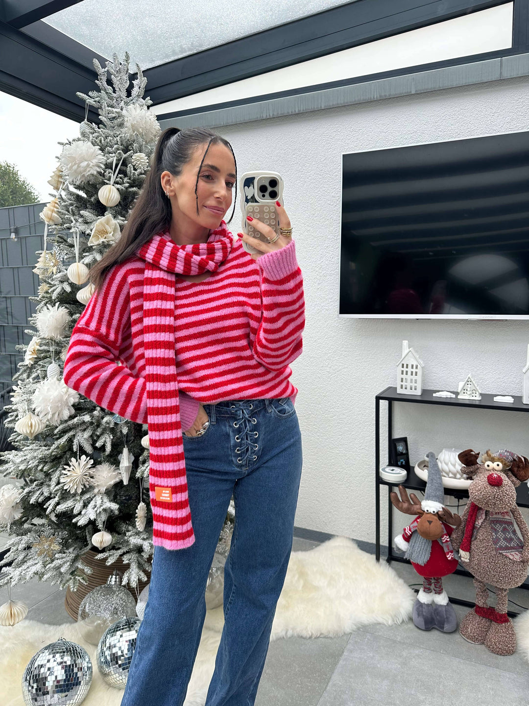 Strickpullover mit Schal Set Rosa/Rot Strickjacke Lisas Boutique 