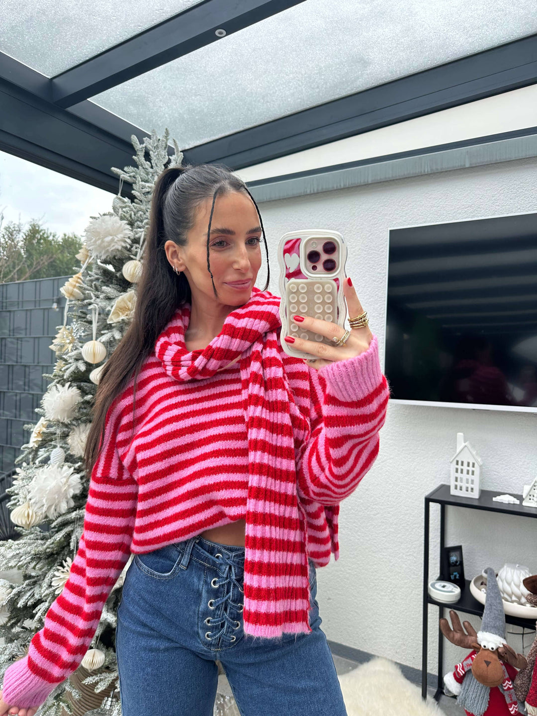 Strickpullover mit Schal Set Rosa/Rot Strickjacke Lisas Boutique 