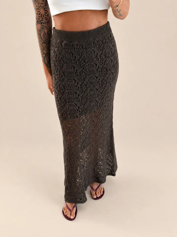 Gonna in maglia donna in marrone con motivo traforato | Lisa’s Boutique
