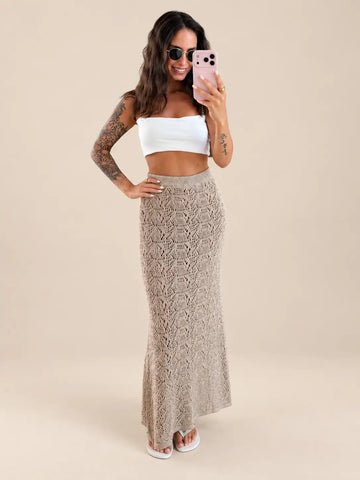 Jupe en maille pour femme camel à motif ajouré, vue de détail | Lisa’s Boutique