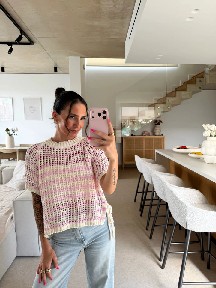 Strickshirt – Rosa/Creme Stoffhose Lisas Boutique 