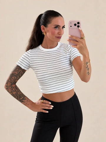T-shirt a righe donna bianca con taglio aderente | Lisa’s Boutique