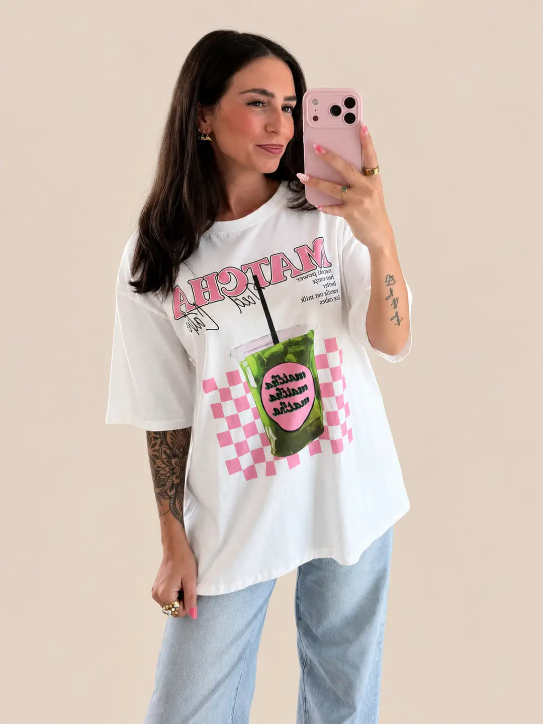T-Shirt Damen in Weiß mit Matcha Print | Lisa’s Boutique