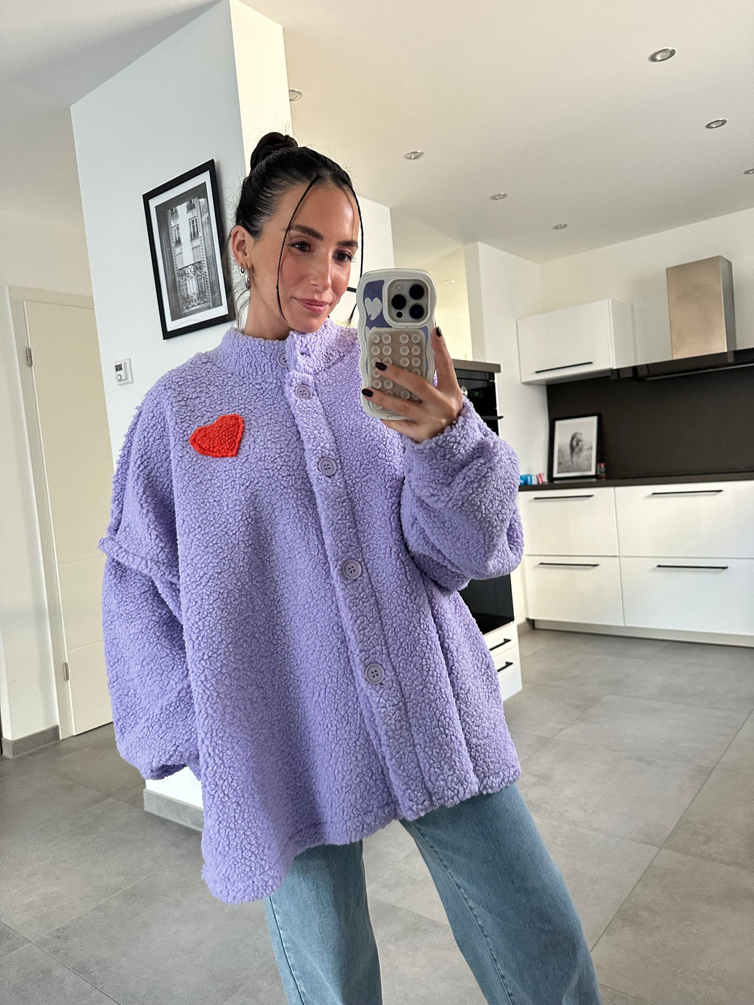 Teddy-Jacke mit Herz-Applikation - Flieder Pullover Lisas Boutique 