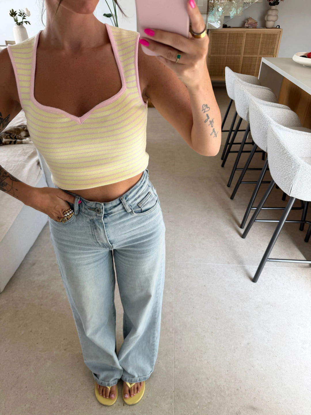 Top mit Ausschnitt gestreift – Gelb/ Rosa Top Lisas Boutique 