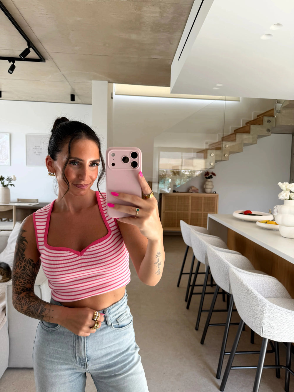 Top mit Ausschnitt gestreift – Pink/Rosa Top Lisas Boutique 