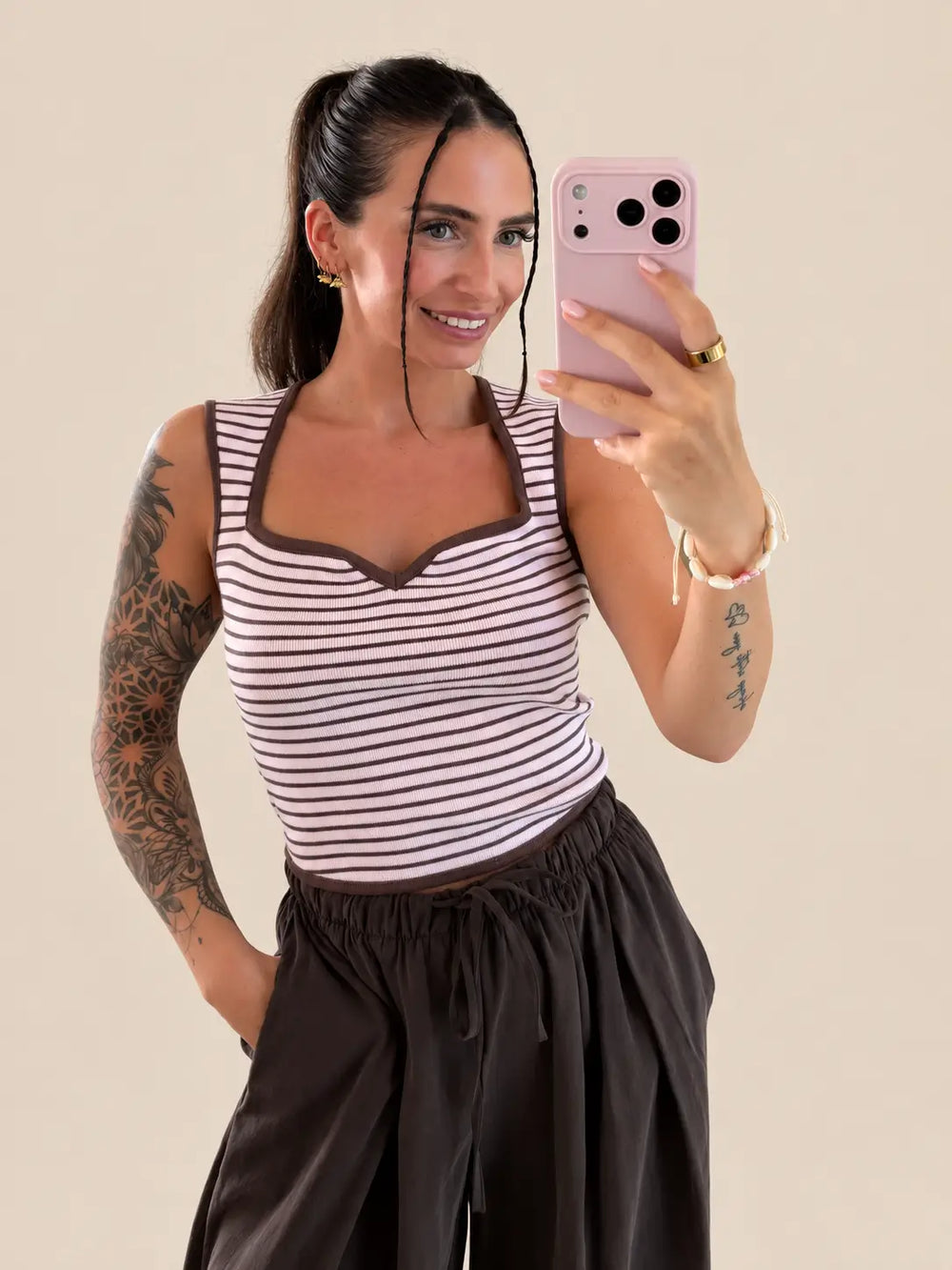 Top mit Ausschnitt gestreift Rosa/Braun | Lisa’s Boutique