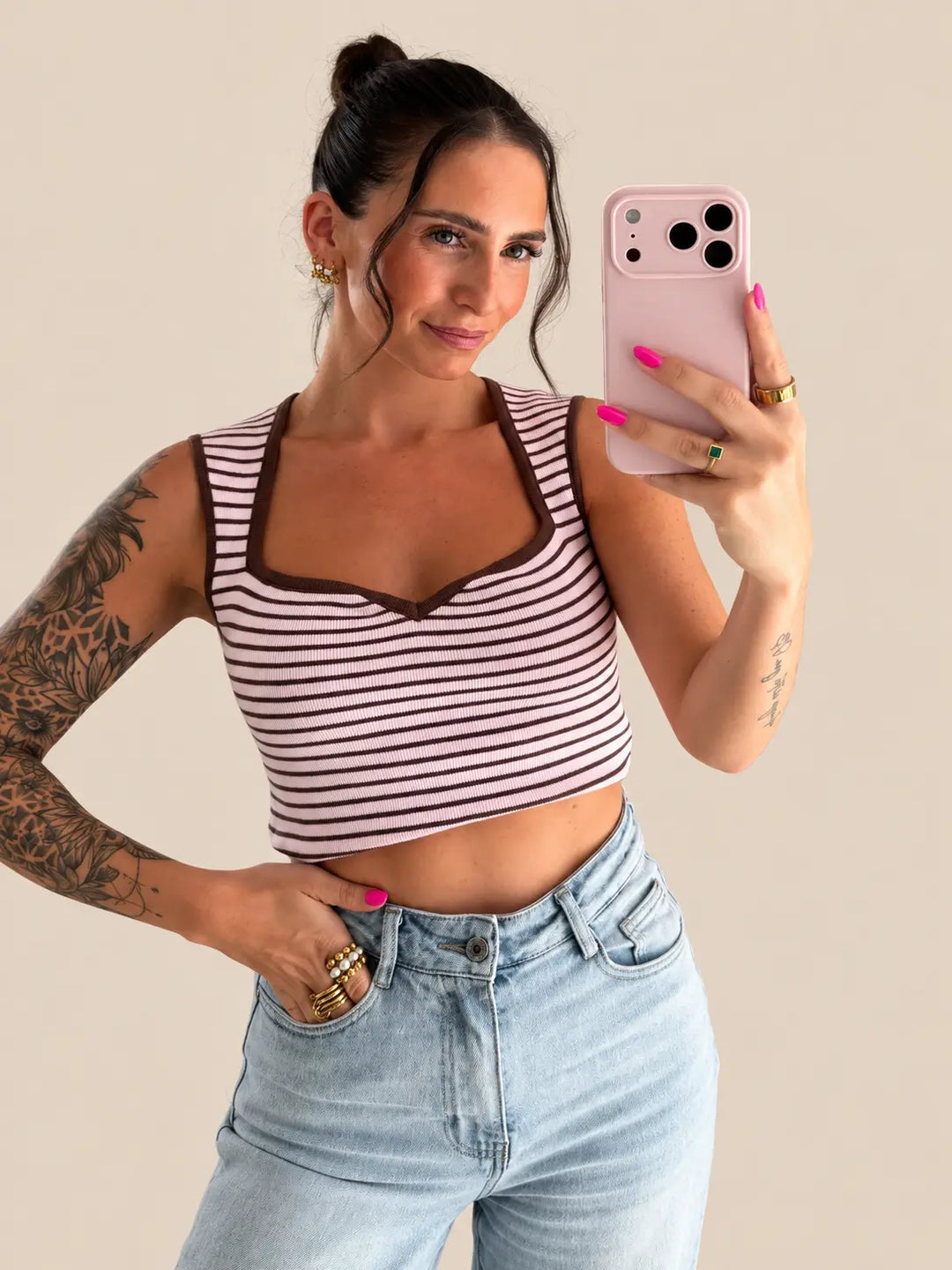 Top mit Ausschnitt gestreift Rosa/Braun | Lisa’s Boutique
