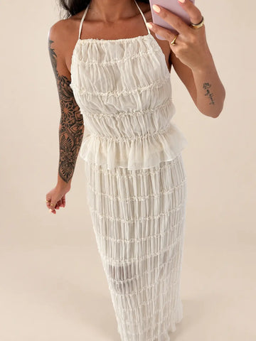 Kremowy top damski na ramiączkach z falbanami | Lisa’s Boutique