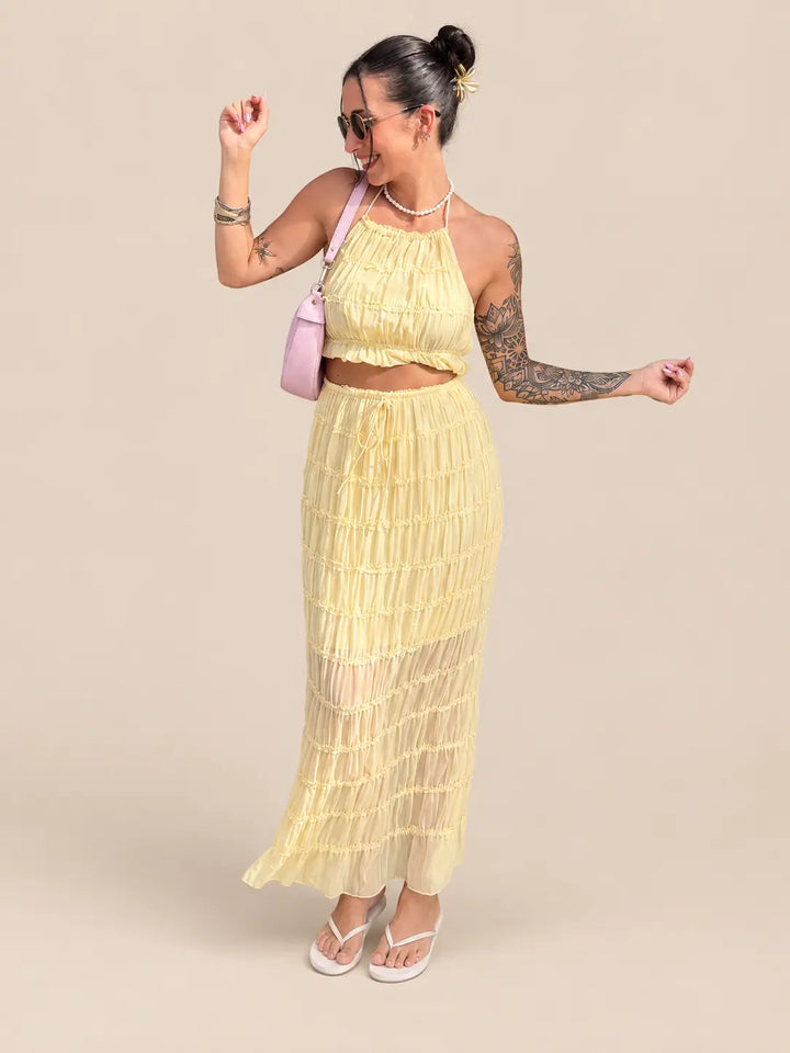Yellow ruffle strap top and yellow textured maxi skirt, second view | Lisa’s Boutique