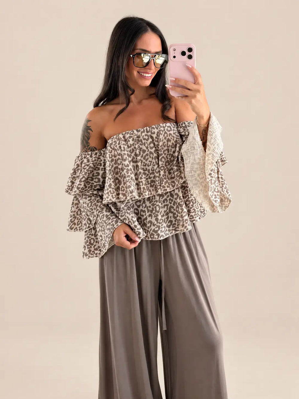 Women’s strapless muslin blouse in Leo Beige with an off shoulder Bardot neckline | Lisa’s Boutique