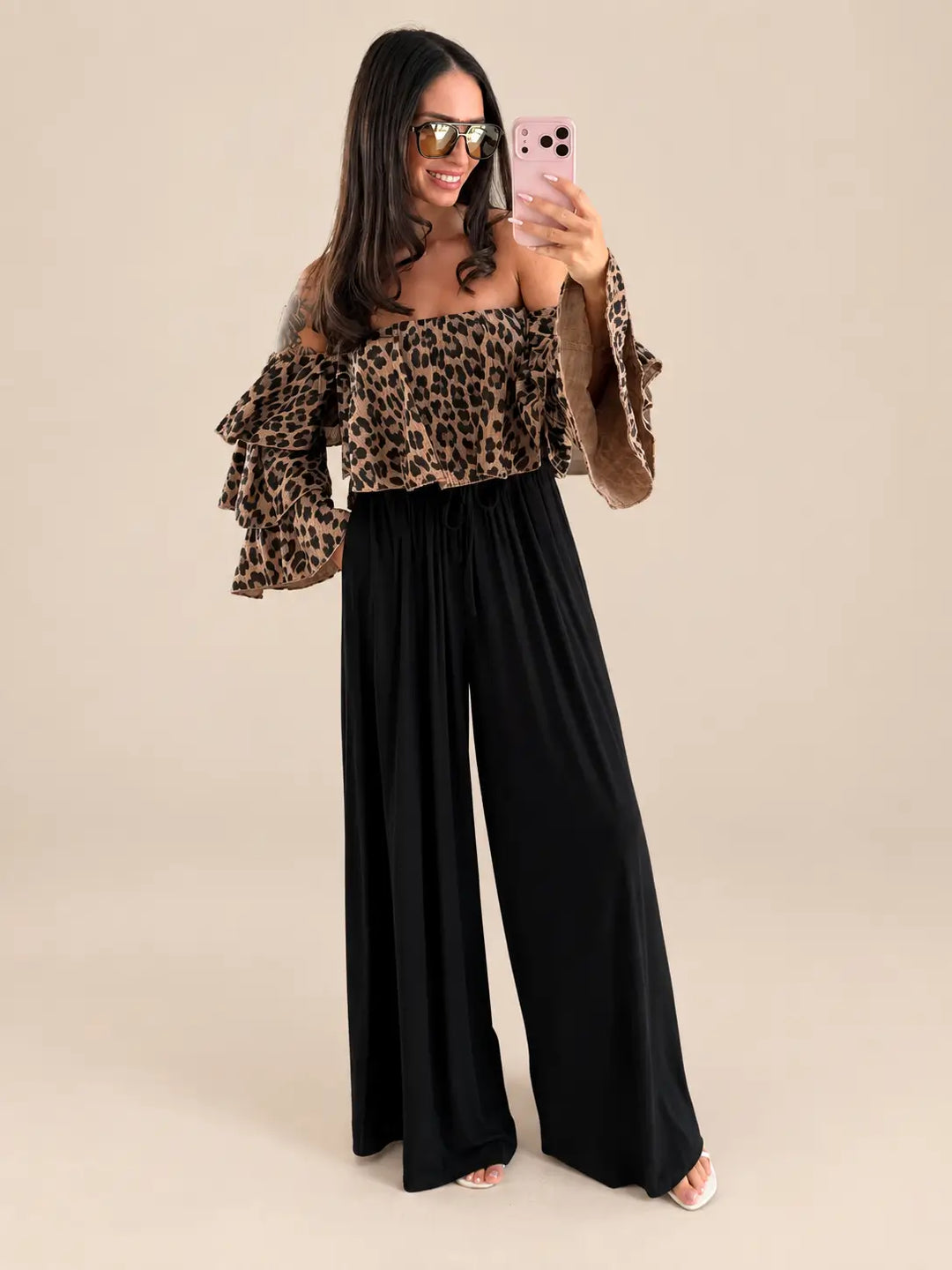 Women’s strapless muslin blouse in Leo Brown with black trousers | Lisa’s Boutique