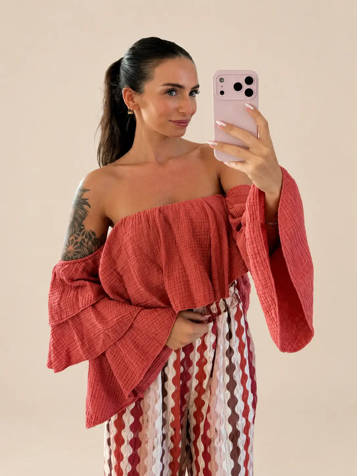 Strapless mousseline blouse dames in Roest met volant en wijde mouwen | Lisa’s Boutique