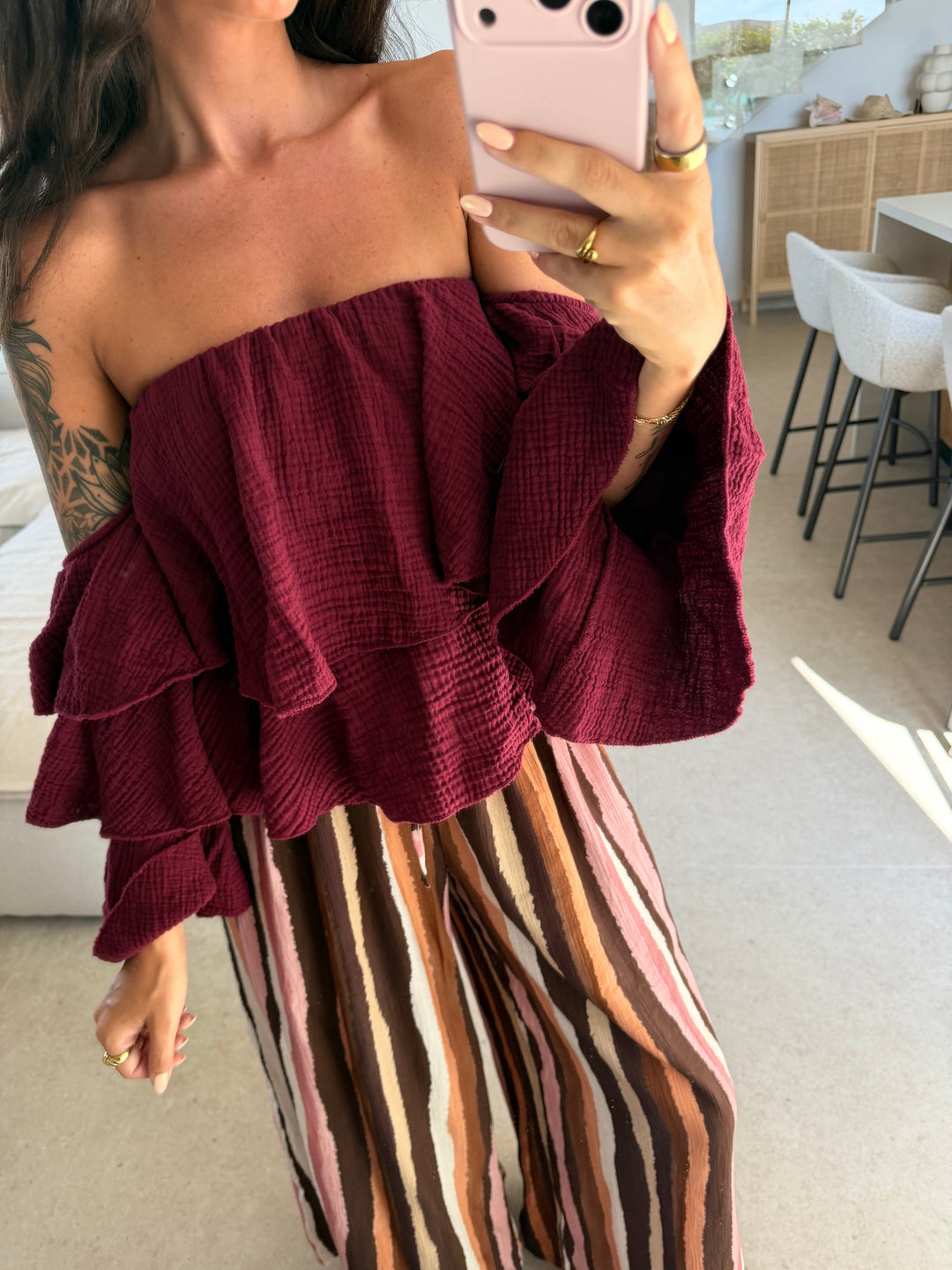 Trägerlose Musselin Bluse – Bordeaux Bluse Lisas Boutique 