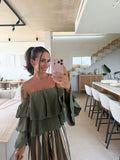 Trägerlose Musselin Bluse – Khaki
