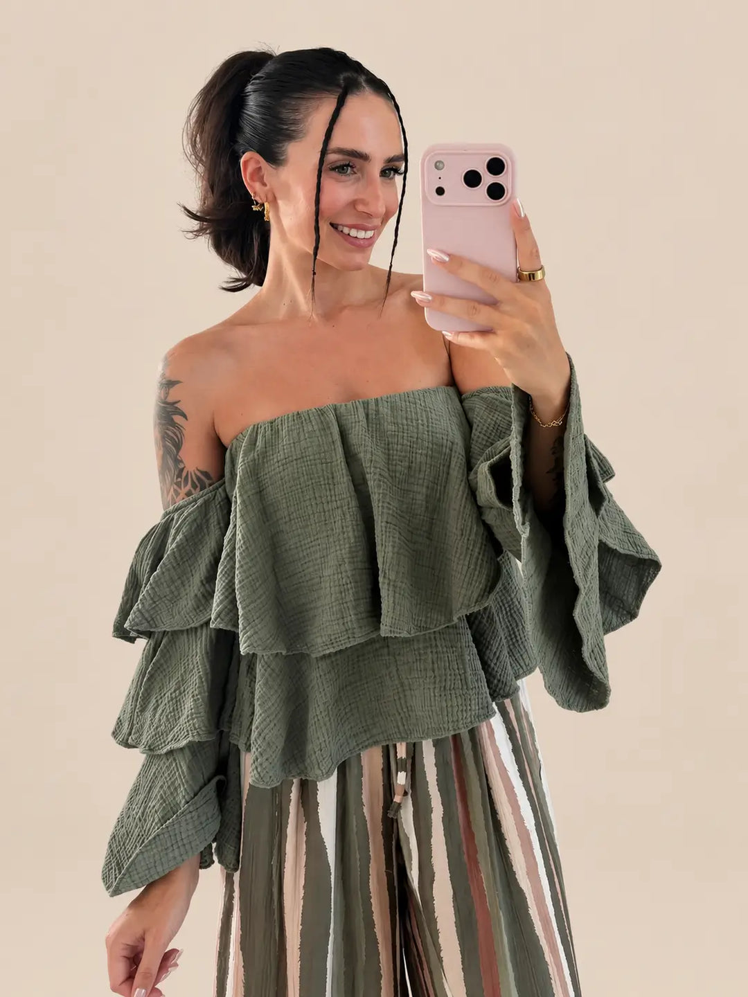 Trägerlose Musselin Bluse Damen in Khaki | Lisa’s Boutique