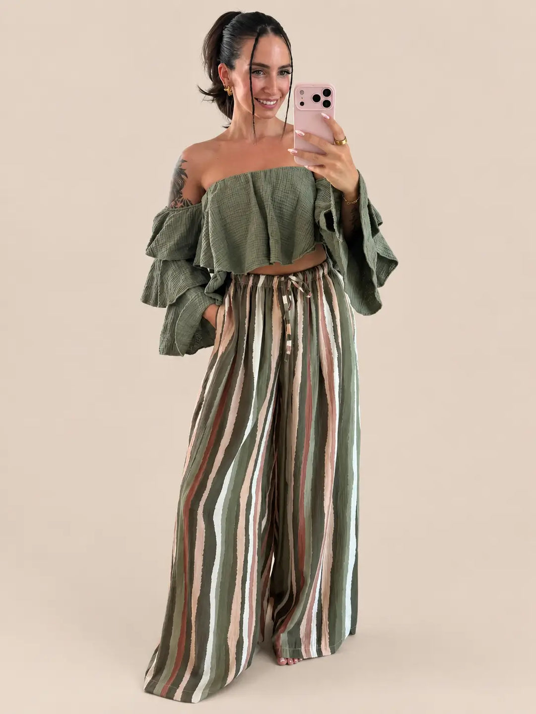 Trägerlose Musselin Bluse Damen in Khaki | Lisa’s Boutique