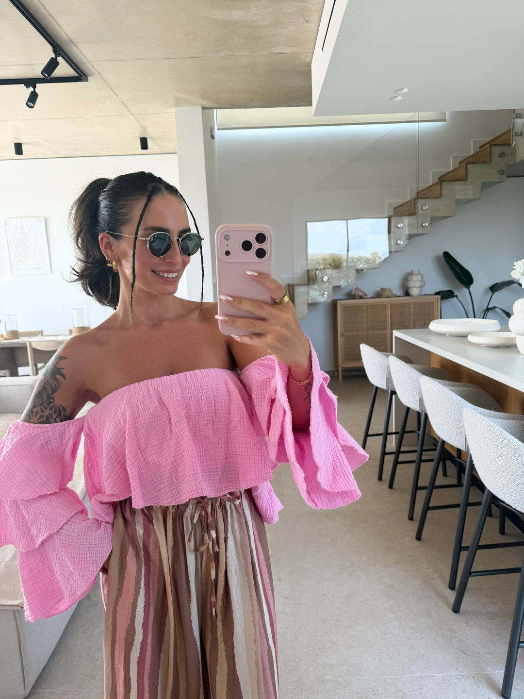 Trägerlose Musselin Bluse – Rosa Bluse Lisas Boutique 
