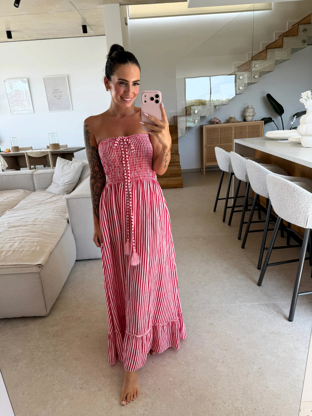 Trägerloses Maxikleid – Rot/Weiß Kleid Lisas Boutique 