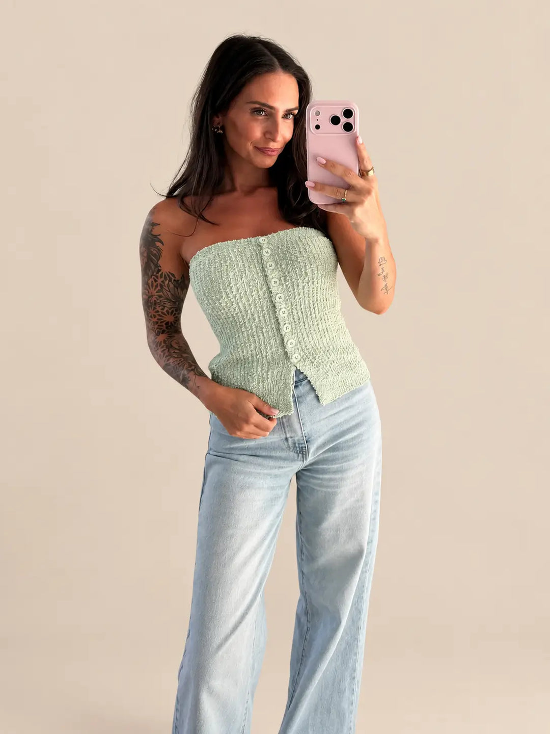 Trägerloses Stricktop in Mint Frontansicht | Lisa’s Boutique