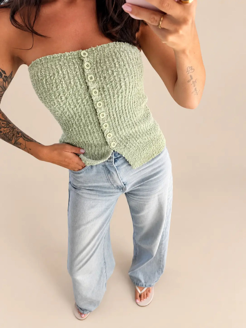 Trägerloses Stricktop in Mint Detailansicht | Lisa’s Boutique